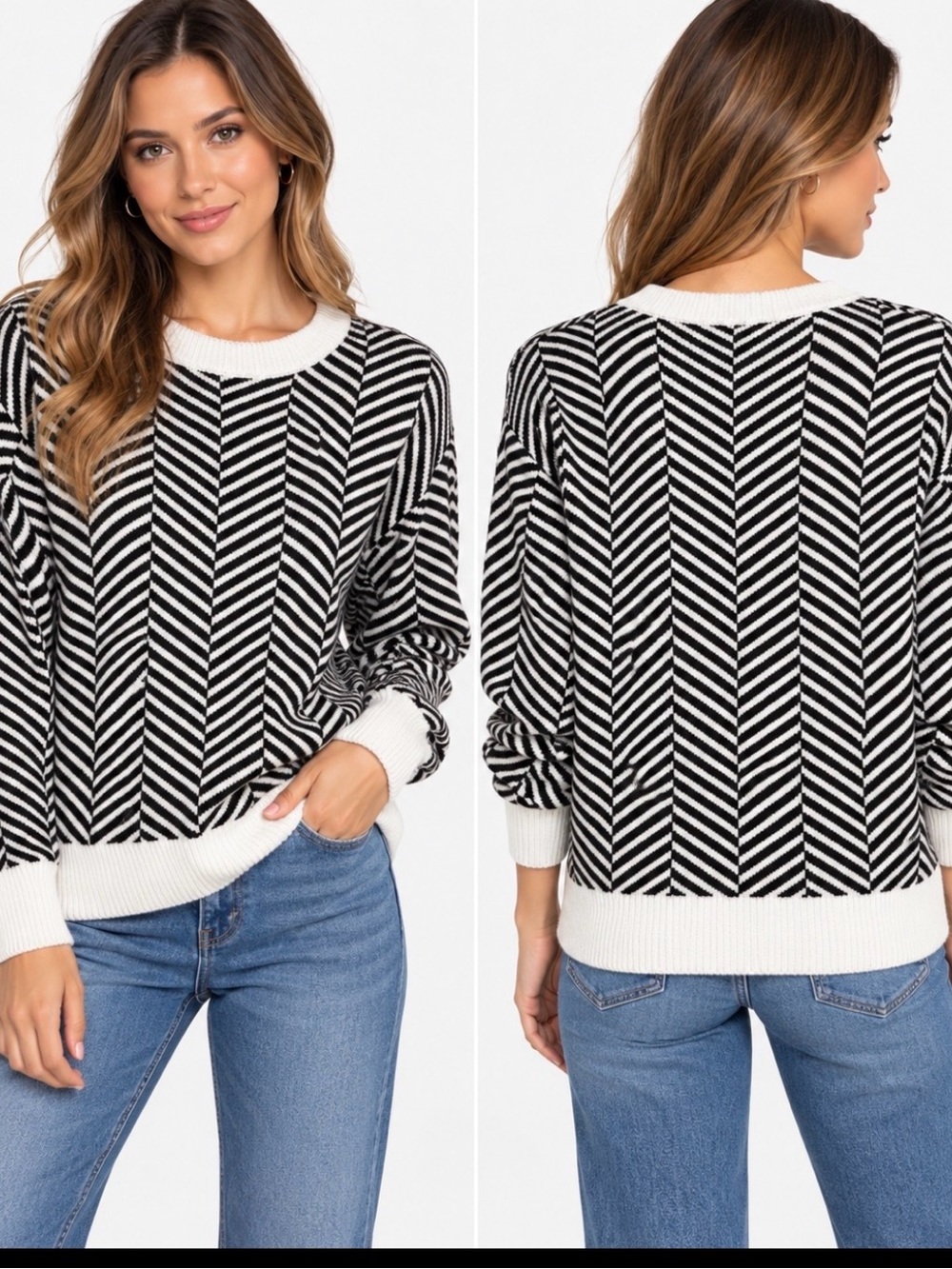 NWT Dokotoo Black Ivory Herringbone Chevron Knit Sweater Size L